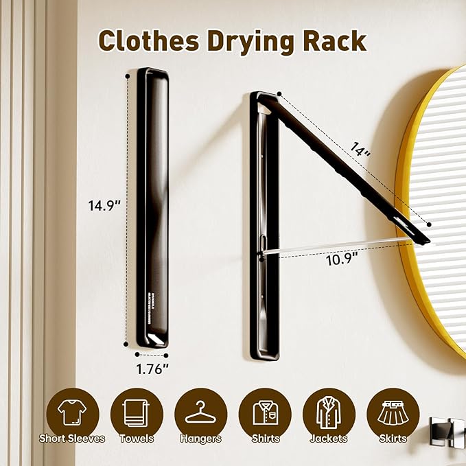 Clothes Drying Rack, Laundry Room Wall Mounted Retractable Clothes Hanger Drying Rack, Laundry Clothing Drying Rack Folding Indoor or Outdoor, Easy Installation Aluminium Dryer, 2pcs(Black)
