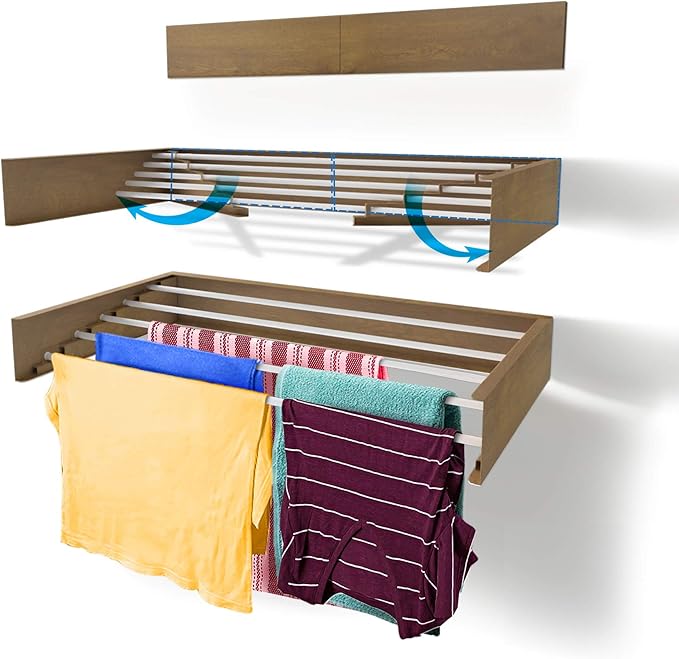 Step Up Laundry Drying Rack (28-INCH Wide - Wood-Look), Wall Mounted, Retractable Clothes Drying Rack, 40lbs Capacity, 11.6 Linear Ft, with Wall Template and Long Screwdriver Bit
