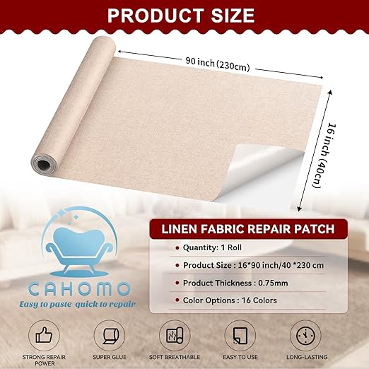 Linen Repair Tape 16x90 inch, Self Adhesive Fabric Patches, Linen Patch Tape Kit, Fabric Repair Tape for Couch Sofas, Headboards, Chairs, Pillows, Curtains, Couches - Beige