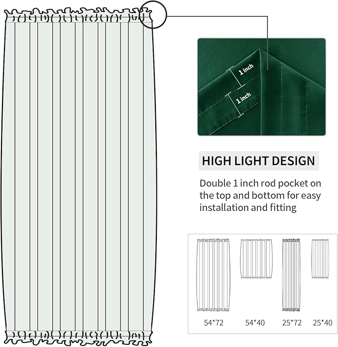 DWCN French Door Curtains – Rod Pocket Thermal Blackout Curtain for Doors with Glass Window, Kitchen and Patio Doors for Privacy, 54 X 40 Inches Long, 1 Curtain Panel with Tieback,Hunter Green