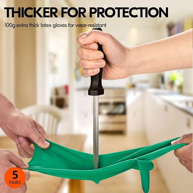 Vgo... 5-Pairs Reusable Household Gloves, Rubber Dishwashing gloves, Extra Thickness, Long Sleeves, Kitchen Cleaning, Working, Painting, Gardening, Pet Care (Size S, Green, HH4601)