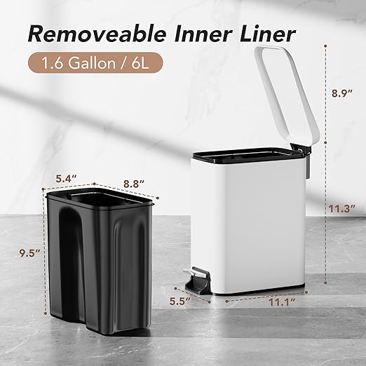 Small Trash Can with Lid Soft-Close, 6 L/1.6 Gal Bathroom Garbage Can with Removable Inner Bucket, Step Pedal, Stainless Steel Wastebasket for Kitchen, Bathroom, Bedroom, Office, White