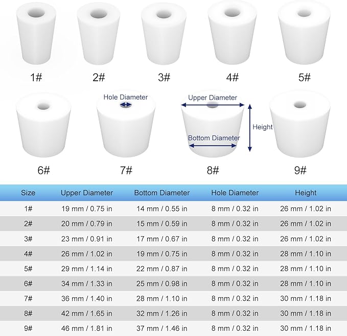 Labasics 5-Pack 2# Single-Hole Silicone Stoppers, White Tapered Lab Seal Stoppers with 0.31" Hole, Durable and Reusable Silicone Plugs for Laboratory Glassware, Airtight Sealing, and Experiments