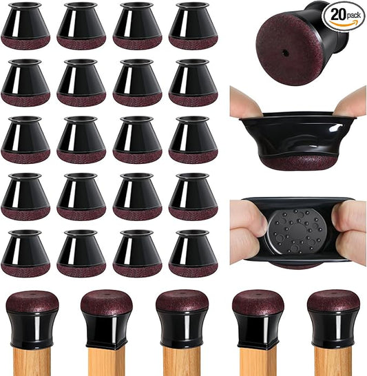 20 Pcs Chair Leg Floor Protectors for Hardwood Floors, Black Rubber Furniture Sliders with Felt, Silicone Furniture Leg Caps Covers, Fit Round Diameter (0.8" to 1.2")