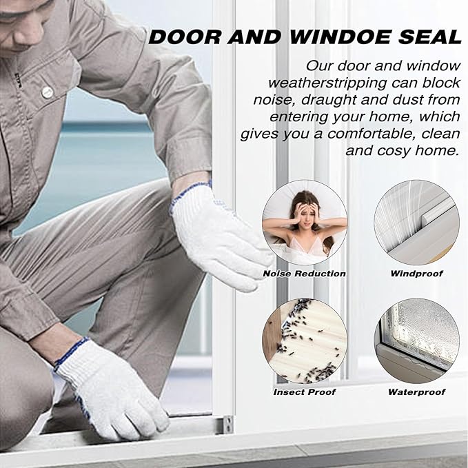 196" Wedge Weather Stripping Door Seal Strip for Door Frame & Window,Self Adhesive Window Insulation Draft Stopper Seal for Winter,Gray Foam Door Gap Filler for Soundproofing Light Blocker,White
