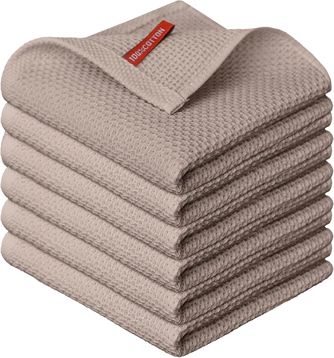 Artoid Mode 100% Cotton Brown Waffle Weave Kitchen Dish Cloths, 12x12 Inch Ultra Soft Absorbent Quick Drying Kitchen Dish Towels Set of 6