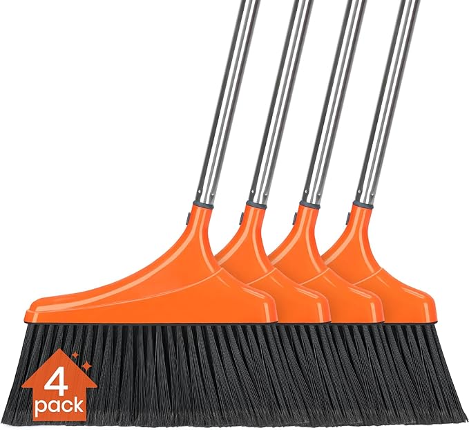 4 Pack Heavy-Duty Angle Broom for Floor Cleaning with 52" Long Handle Stiff Bristle Angle Commercial and Industrial Broom, Indoor Outdoor Broom for Garage Kitchen Office Lobby Patio