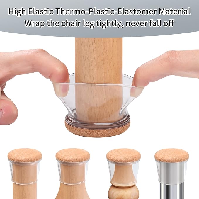 Ezprotekt 24 Pcs Extra Large Chair Leg Protectors with Felt, Round Chair Leg Caps, Floor Protectors for Chairs, Felt Furniture Pads Covers, Bar Stools Leg Protectors Cups (XL Fit: 1.4"-1.65", Clear)