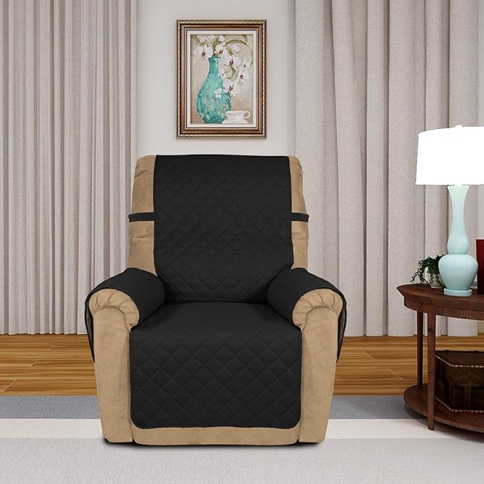 PureFit Reversible Quilted Sofa Cover, Water Resistant Slipcover Furniture Protector, Washable Couch Cover with Non Slip and Elastic Straps for Kids, Dogs, Pets (Small Recliner, Black/Beige)