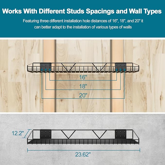 Garage Wall Shelving,4-Pack 12 Inch X 23.8 Inch,Can be Used for Garage, Closet, Laundry Room, Heavy Duty Wall Shelving, Holds Up to 65 Lbs (Black, 12"X23.8", 4)