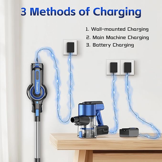Cordless Vacuum Cleaner for Home, 45Kpa Lightweight Stick Vacuum with Powerful Suction, Rechargeable Battery Up to 50mins, Handheld Vacuum Cleaners for Carpets, Pet Hair，Hardwood Floors - Blue