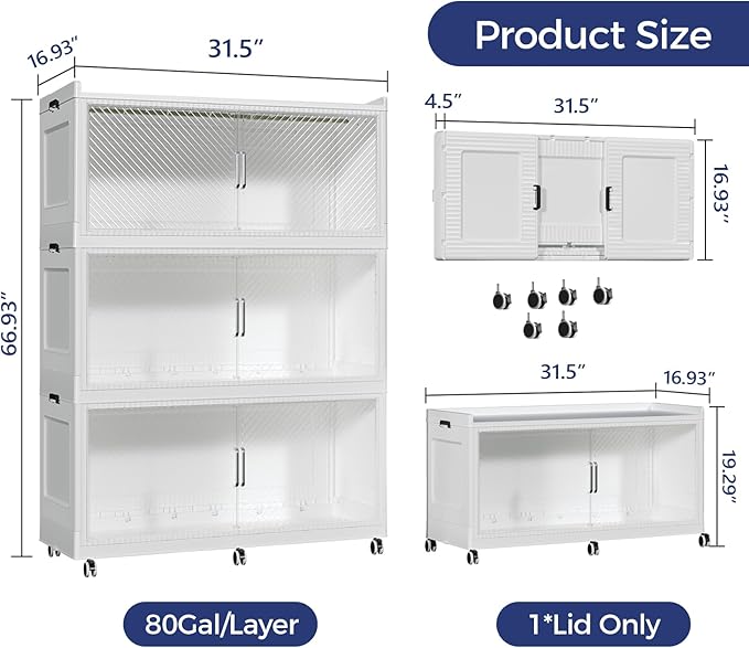 150GAL Extra Large Storage Bins with Lid, 600QT Collapsible Organizer with Wheels, Stackable Closet Cabinet with Doors, Folding Storage Containers for Home, Office, Dorm, 3Pack White