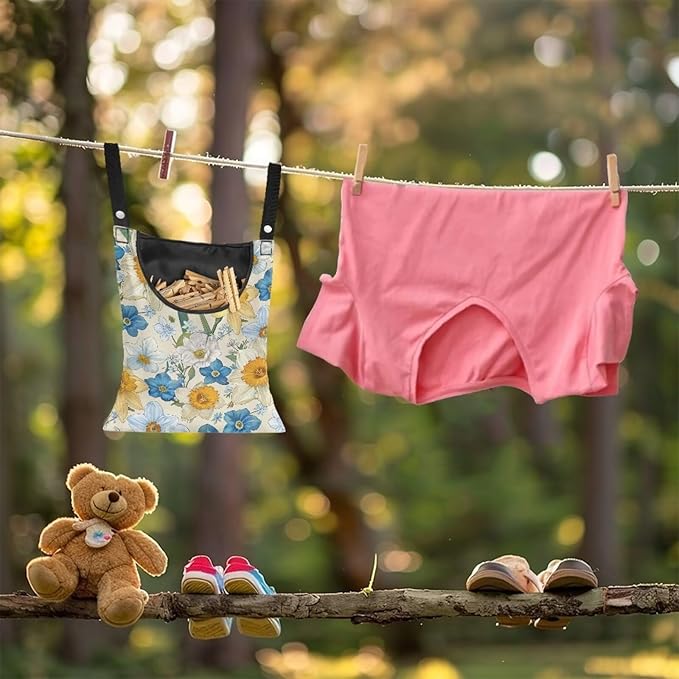 Floral Clothespin Bag with Hanging Rope Daffodil 14.5 x 12 Inch Summer Waterproof Laundry Clothes Pin Holder Clothespin Storage Organizer with Large Opening