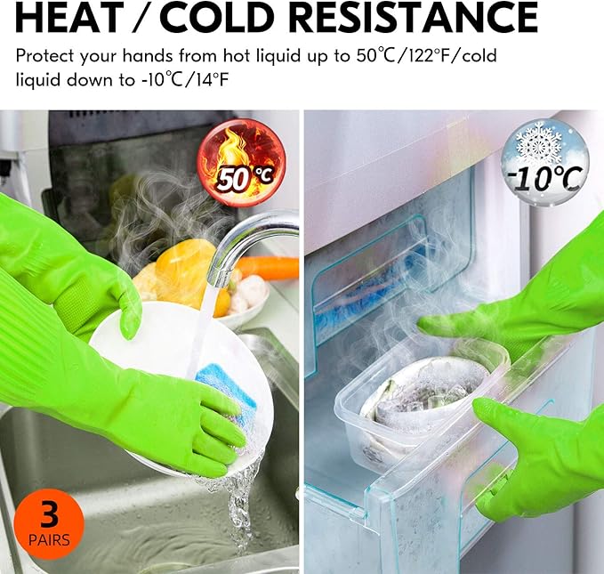 Vgo... 3-Pairs Dishwashing Gloves - Reusable Household, Kitchen, Long Sleeve, Thick Latex, Cleaning, Washing, Working, Painting, Gardening, Pet Care (Size L, Green, RB2143)