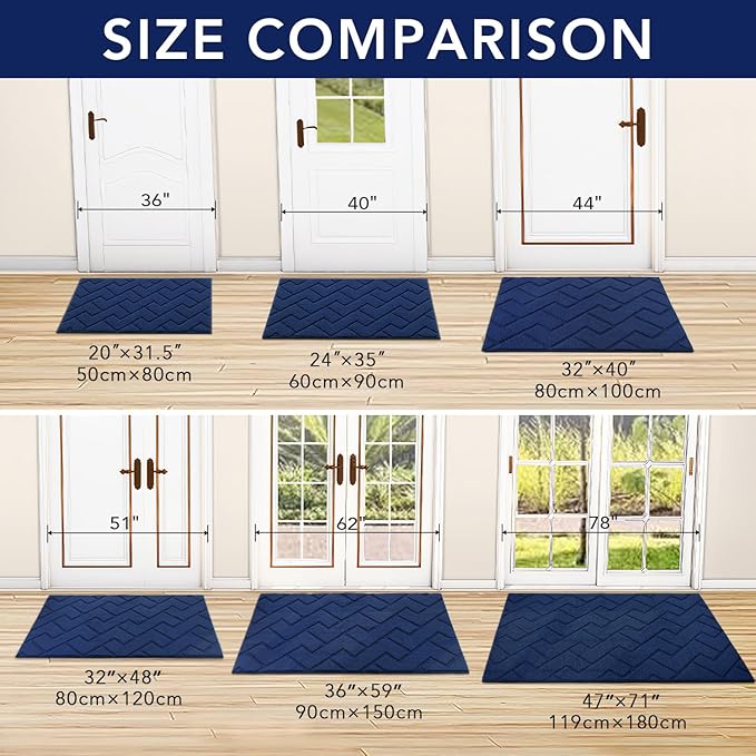 hicorfe Indoor Door Mat,Non Slip Door Mats,32"x48" Front Back Door Mat Rubber Backing,Absorbent Resist Dirt Entrance Inside Floor Mats for Entryway Washable Low-Profile(Navy Blue)