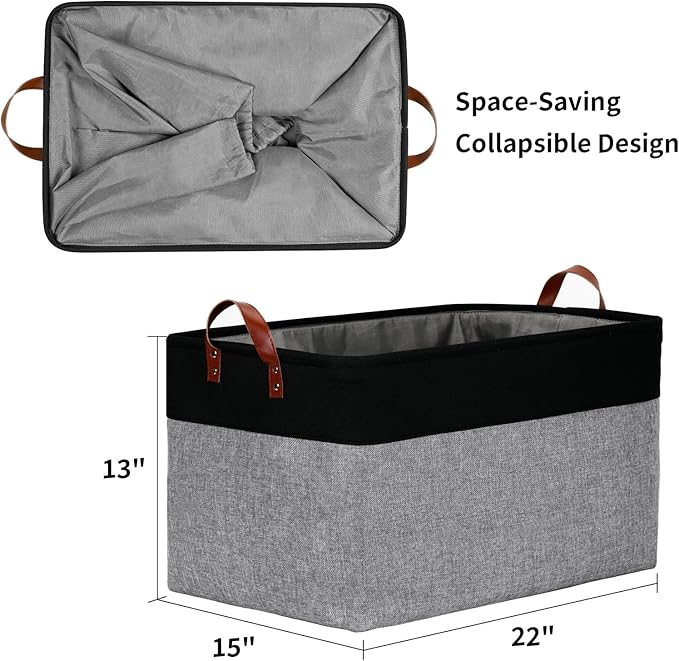 DULLEMELO Extra Large Canvas Fabric Storage Basket, 70L Foldable Closet Storage Bin with Handles, 22" Large Blanket Basket Living Room for Storage Toys, Pillows, Clothes, Books (Black&Grey)
