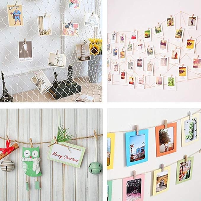 DurReus 50PCS 1.4inch Small Natural Wooden Clothespins for Pictures with Jute Twine Paper Peg Clips Photo Holders Hanging Crafts Home Wall Decor