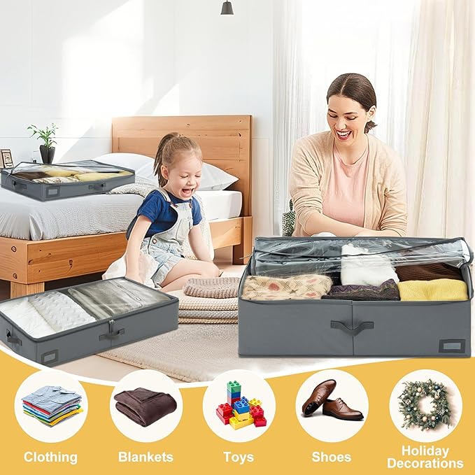 6-Inch Under Bed Storage Containers (3-Pack) | Sturdy Sidewalls | Clear Cover & Label Holder | Underbed Organizer for Crib/Couch | Stores Clothing/Blankets/Wrapping Paper/Toys