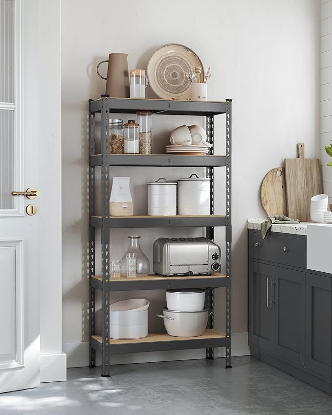 SONGMICS 5-Tier Storage Shelves, Load 2310 lb, Set of 2 Garage Storage, Boltless Assembly, Adjustable Shelving Unit, 11.8 x 29.5 x 59.1 Inches, for Study Shed Basement, Gray UGLR300G02