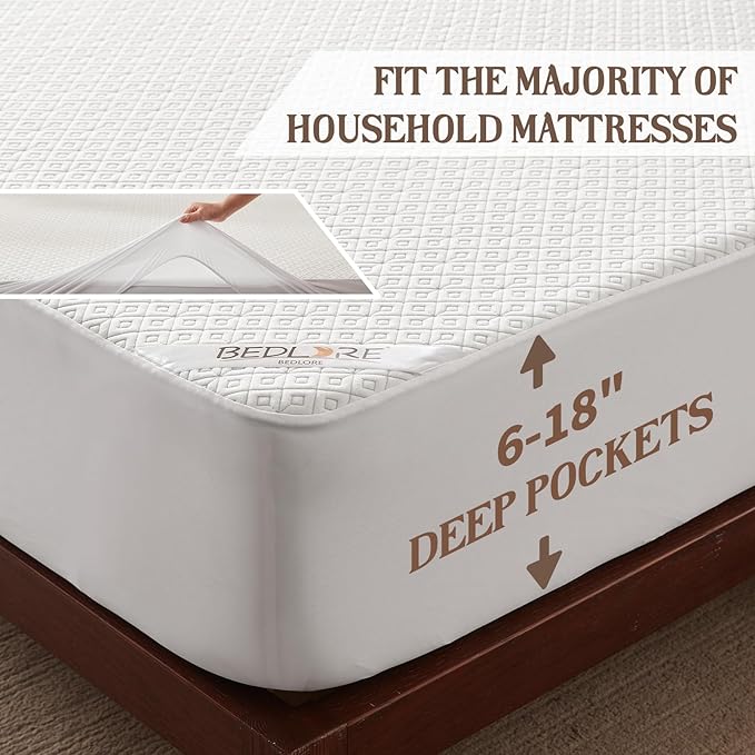 BEDLORE King Mattress Protector, Waterproof Noiseless Mattress Cover with Deep Pocket for 6-18 inches Mattress, Soft Breathable Mattress Pad Machine Washable (White)