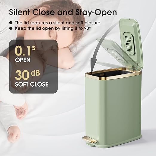 CEROELDA Small Bathroom Trash Can with Lid Soft Close-5L/1.3 Gal Slim Garbage Can-Metal Step Wastebasket-Rectangle Narrow Waste Bin for Office, Bedroom, Toilet, Live Room (Green)