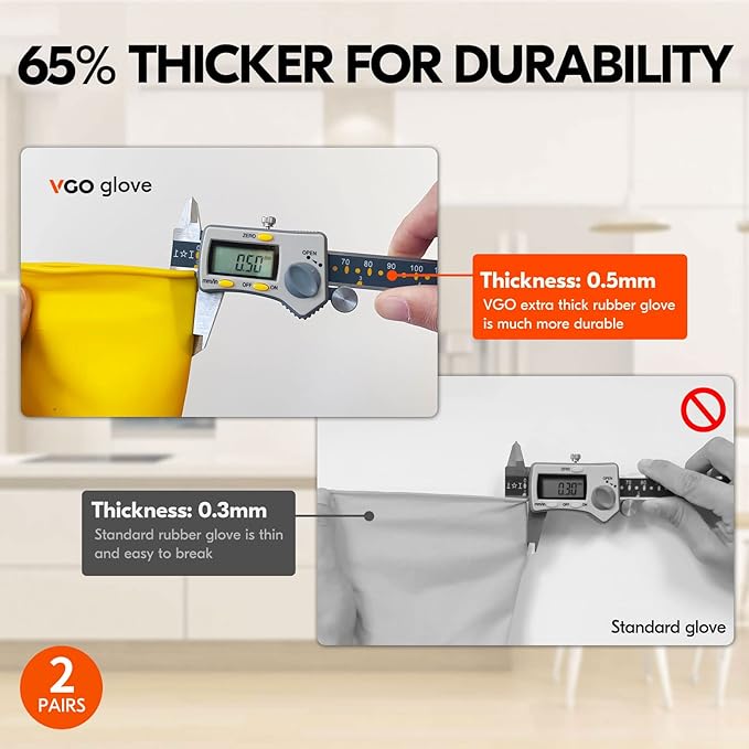 Vgo... 2-Pairs Reusable Household Gloves, Rubber Dishwashing gloves, Extra Thickness, Long Sleeves, Kitchen Cleaning, Working, Painting, Gardening, Pet Care (Size XL, Yellow, HH4601)
