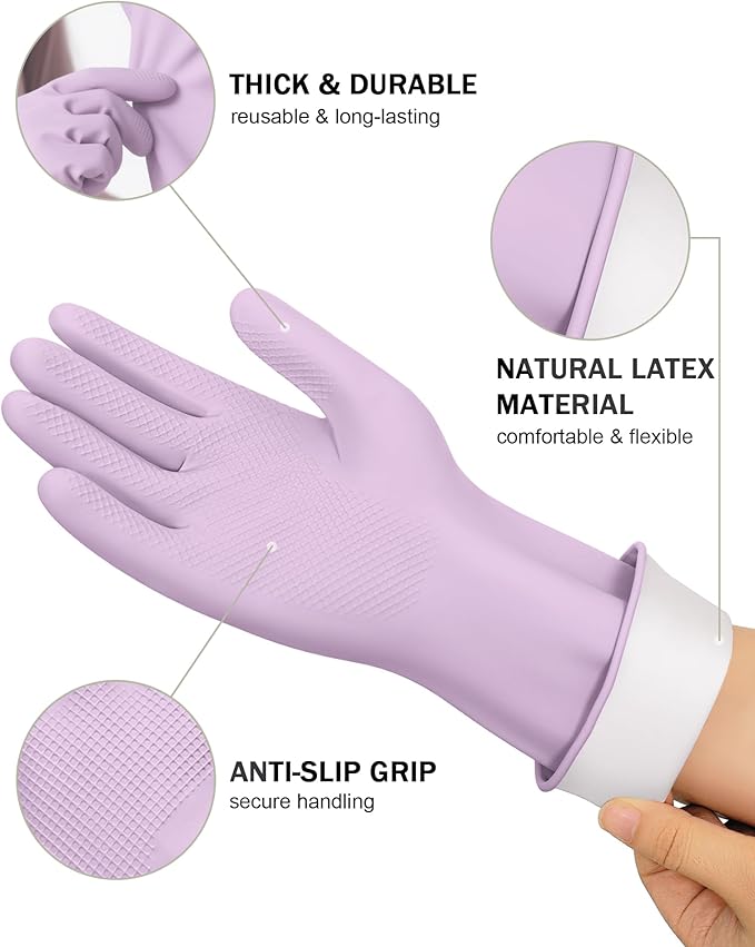 Rubber Cleaning Dishwashing Gloves 4 Pairs Reusable Kitchen Glove for Washing Dishes & Household Bathroom Cleaning Dish Gloves with Flock Lining Anti-Slip Grip Waterproof Thick Long-lasting Colorful M