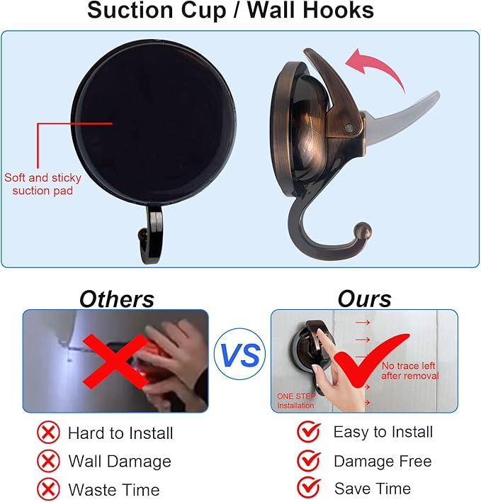 Heavy Duty Vacuum Suction Shower Hooks, Glass Suction Cup, for Bathroom Robe and Garland Decoration (2 Pack, Antique Brass)