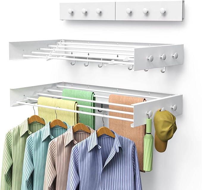 Drying Rack Clothing,Clothes Drying Rack Wall Mounted,Laundry Drying Rack Wall Mount,Foldable,Collapsible,60 lb Capacity 5 Aluminium Poles with 12 Hooks,Space Saving Clothes Drying Rack,White 31.5"