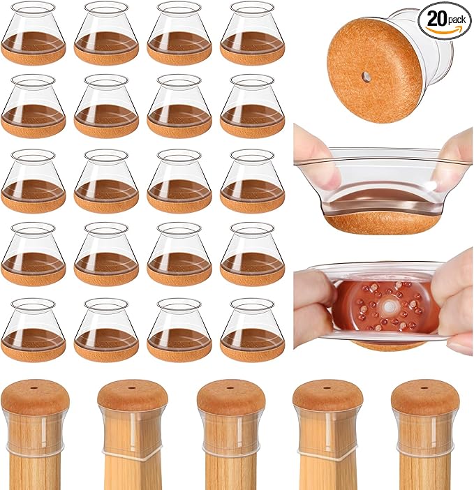 OCONDA 20 Pcs Chair Leg Floor Protectors for Hardwood Floors, Clear Rubber Furniture Sliders with Felt, Silicone Furniture Leg Caps Covers, Fit Round Diameter (0.8''-1.2'')