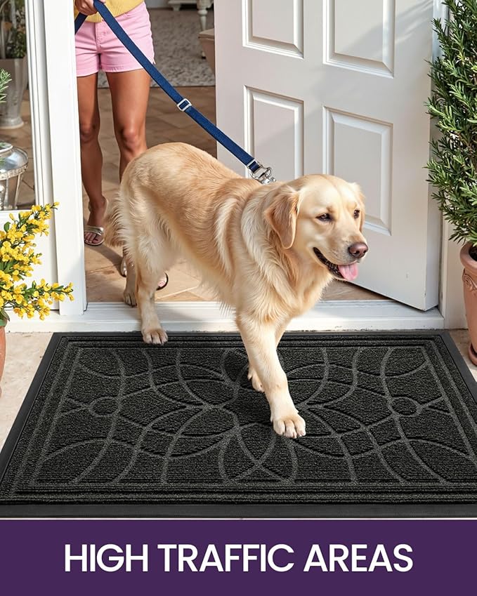 DEXI Front Door Mat Outside Entrance, Heavy Duty Non Slip Low Profile Doormat for Entryway, Trap Dirt and Moisture Welcome Mats, Easy Clean, Patio, Garage, 3x2, Black