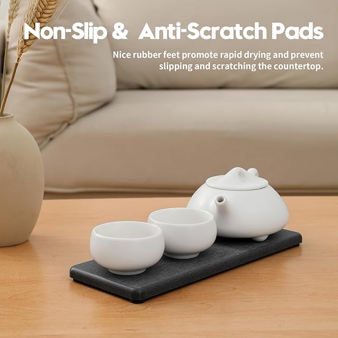 2PCS Bathroom Trays, Water Absorbing Diatomite Stone Quick Drying Mat for Kitchen Counter, Dish Rack Soap Dispenser Sponge Holder Caddy Sink Vanity Organizer, Dark Gray Slate,9"x3.5"