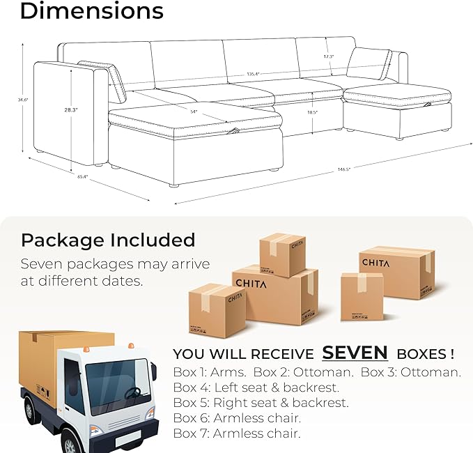 CHITA Oversized Modular Sectional Fabric Sofa Set, FSC Certified Extra Large U Shaped Couch Reversible Chaise Modular Sectional Couch, 146 inch Width, 6 Seat Modular Sofa with Storage Ottomans, Linen