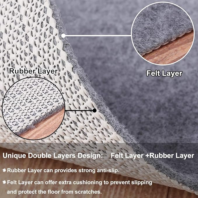 Non Slip Rug Pad Grippers - 5x7, 1/8" Thick, (Felt + Rubber) Double Layers Area Carpet Mat Tap, Provides Protection and Cushioning for Hardwood or Tile Floors