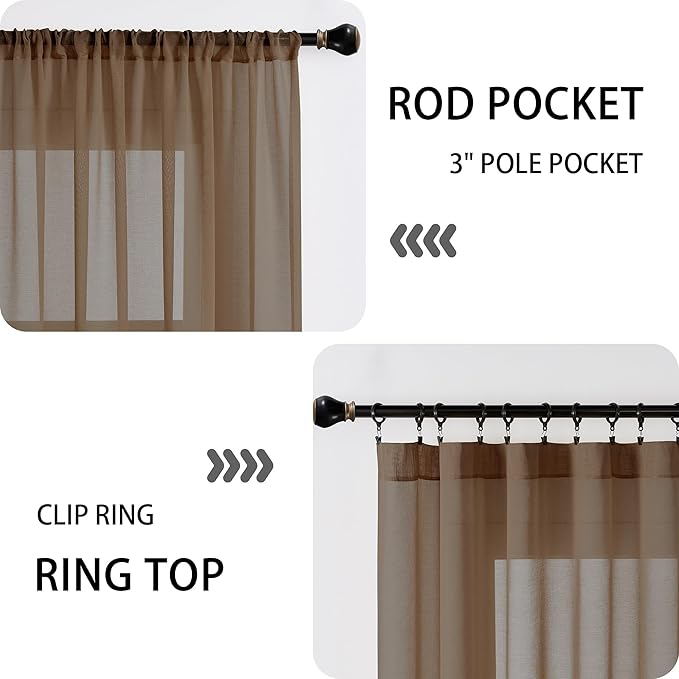 Tollpiz Sheer Door Curtains Closet Linen Textured Curtains Sheer Doorway Light Filtering Voile Rod French Door Pocket Curtain Patio Glass Door, 25 x 72 inches Long, Brown, Set of 1 Panel