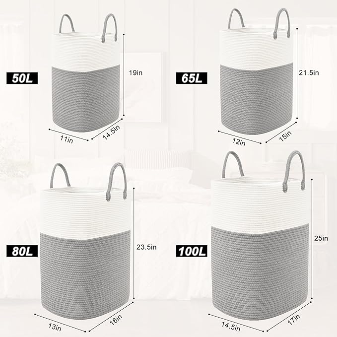 Woven Laundry Basket for Clothes, 65L Large Rectangle Laundry Hampers with Beads Tassel, Nursery Storage Basket for Toys, Tall Dirty Clothes Hamper for Bedroom Aesthetic, Laundry Room Organization