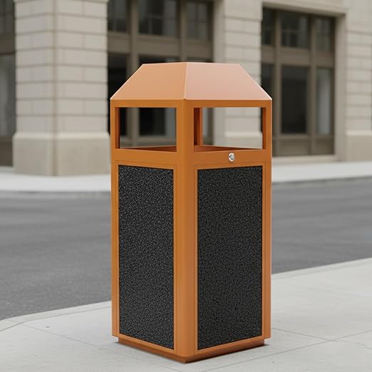 Commercial Metal Outdoor Trash Can with Lid, Lockable Outdoor Garbage Can with Nature Stone Panels, Heavy-Duty Rustproof Trash Bin with Removable Liner for Parks & Public Spaces