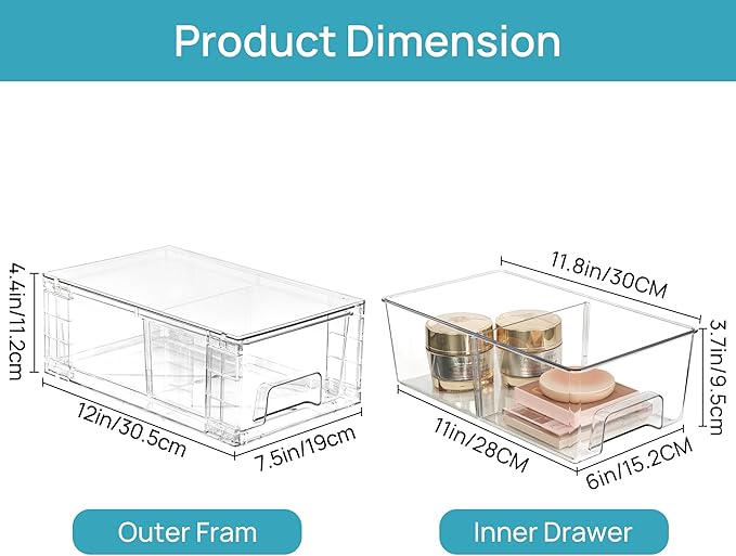 Vtopmart 2 Pack Stackable Storage Drawers,Clear Acrylic Drawer Organizers with Handles, Easily Assemble Containers for Fridge, Bathroom,Kitchen Undersink,Cabinet,Pantry Organization and Storage