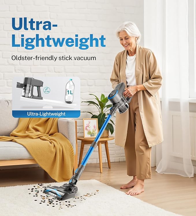 DEVOAC Cordless Vacuum Cleaner, Ultra-Lightweight Stick Vacuum, 2200mAh Battery Up to 40mins Runtime, 6 in 1 Powerful Handheld Vacuum for Home Hard Floor Carpet Pet Hair (Sky)