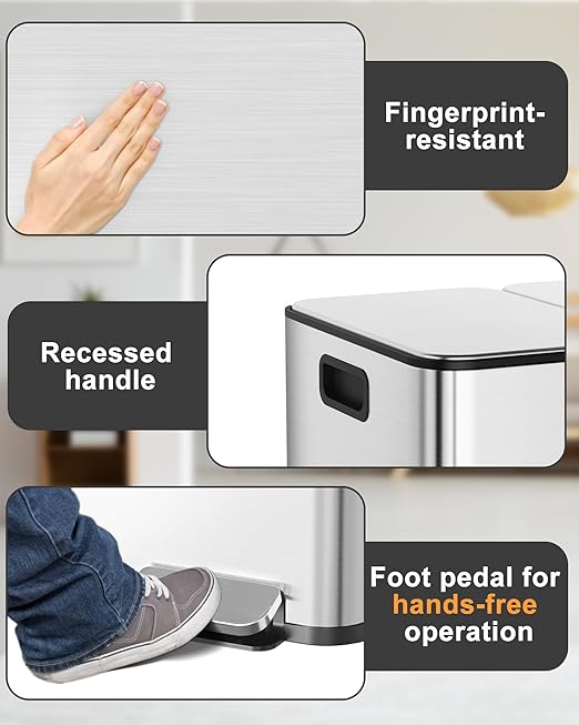 3 x 7.9 Gal (3 x 30L) Trash Can, Stainless Steel Triple Compartment Step-On Recycling Bin with Soft-Close Lids & Removable Plastic Inner Buckets for Kitchen, Home, Office
