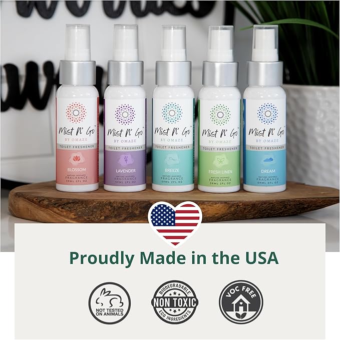 Mist N’ Go by Omaze Travel Bathroom Spray for Toilet Spray Odor Eliminator - Travel Toilet Spray for Bathroom Air Freshener Spray for Bathroom Deodorizer - Popular Mix, Regular Size (2oz x2)