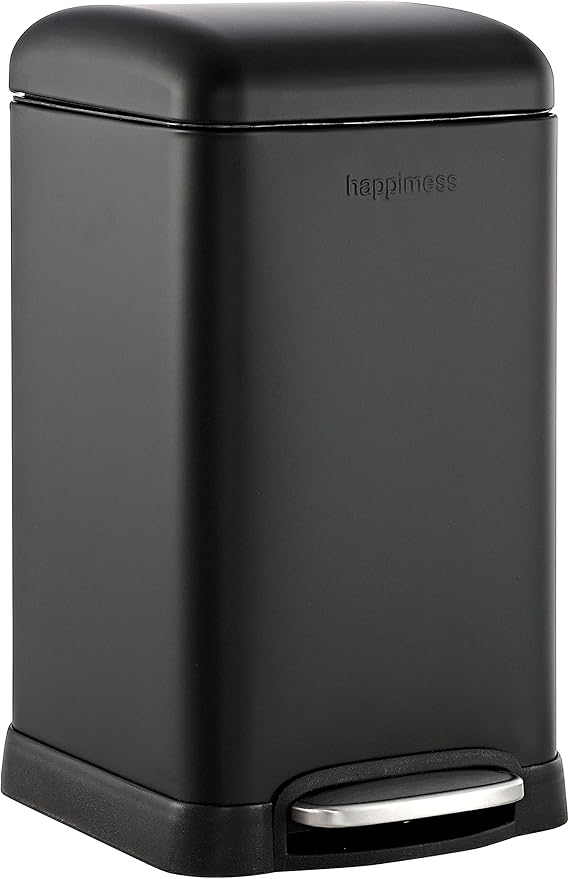 happimess HPM1012B Betty Retro Mini 3.2-Gallon Step-Open Trash Can with Soft-Close Lid, Modern, Minimalistic, Fingerprint Proof for Home, Kitchen, Laundry Room, Office, Bedroom, Bathroom, Black