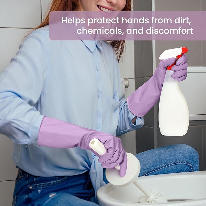 Rubber Cleaning Gloves for Dishwashing, 4 Pairs Reusable Kitchen Gloves for Washing Dishes and Household Cleaning, Purple Dish Gloves with Flocked Lining and Non-Slip Grip, Pefect for Woman Men - M