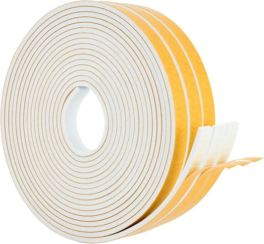 High Density Foam Weather Stripping Door Seal Strip Insulation Tape Roll for Insulating Door Frame, Window, Air Conditioner | Self Adhesive Sealing Weatherstrip (White, 1/4 in 1/8 in 50 Ft)