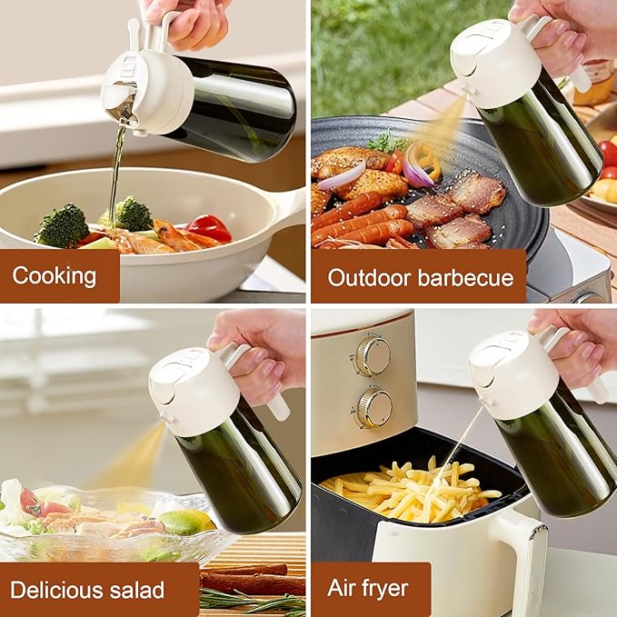 YARRAMATE 2PCS 16oz/470ml Oil Sprayer for Cooking with Stickers, Food-Grade 2 in 1 Olive Oil Dispenser Bottle for Kitchen, Premium Dark Green Glass Oil Bottle for Air Fryer, BBQ (White & Green)