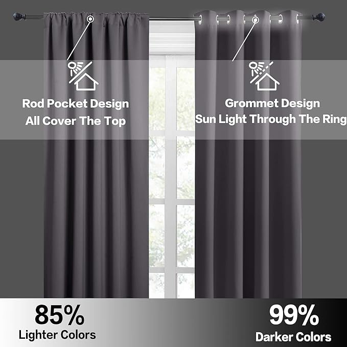 RYB HOME Grey Blackout Curtains - Thermal Insulated Noise Reducing Energy Efficiency Small Window Decor for Kitchen Bedroom Bathroom, 42 inches Wide x 45 inches Long, Gray, 1 Pair