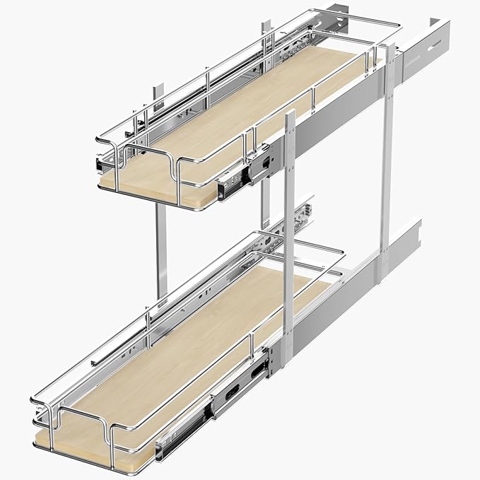 ROOMTEC 2 Tier Individual Pull Out Cabinet Organizer 7½"W x 21½"D, Slide Out Wood Shelves Organizers, Pull Out Drawers Organization and Storage for Kitchen Cabinet