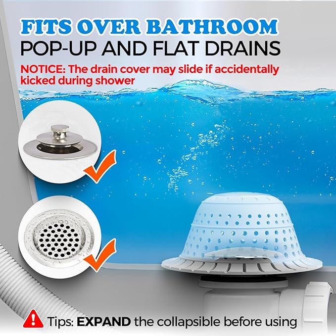 zaa Shower Drain Hair Catcher, 2 Pack Silicone Collapsible Bathtub Drain Cover Dog Hair Catcher & Protector for Pop-Up & Regular Drains of Shower, Bathtub, Tub, Bathroom, Diameter 4.5"