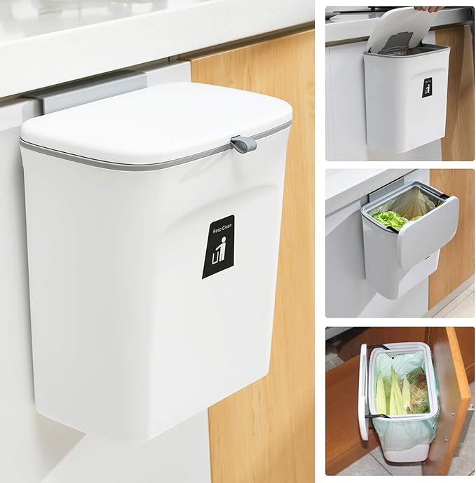 Tiyafuro 2.4 Gallon Kitchen Compost Bin for Counter Top or Under Sink, Hanging Small Trash Can with Lid for Cupboard/Bathroom/Bedroom/Office/Camping, Mountable Indoor Compost Bucket, White
