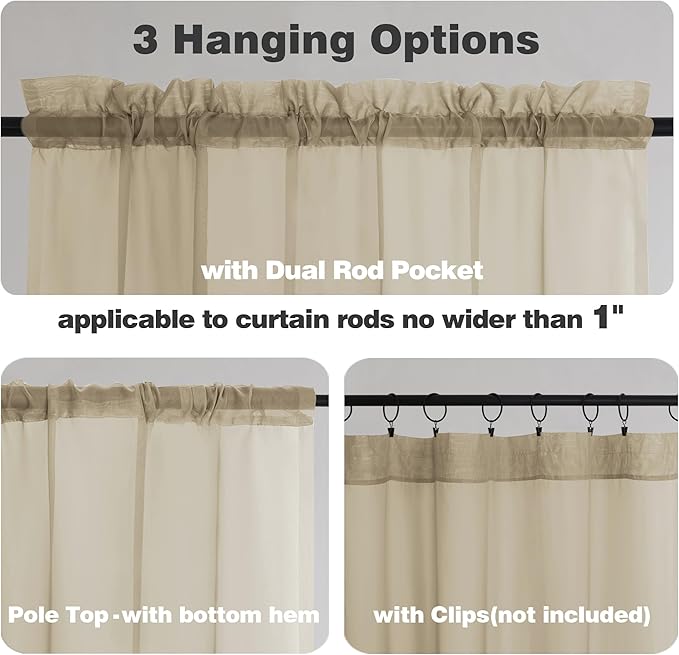 Chyhomenyc Taupe Sheer Curtains 36 inch Length 2 Panels, Light Filtering Voile Rod Pocket Short Window Curtians for Bathroom Living Room Farmhouse Small Windows, 42Wx36L inches